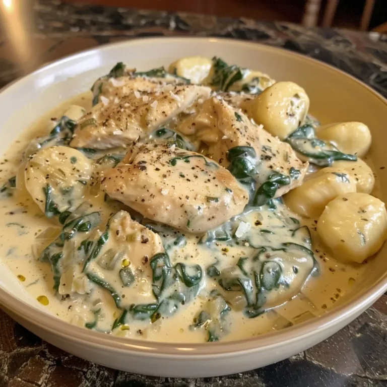 Plate of Tuscan Chicken Gnocchi with creamy sauce and vegetables