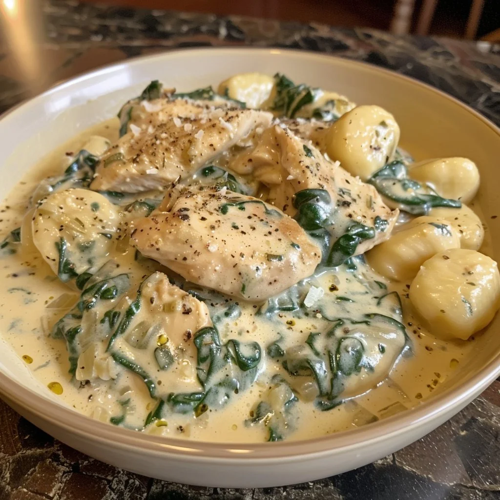Plate of Tuscan Chicken Gnocchi with creamy sauce and vegetables