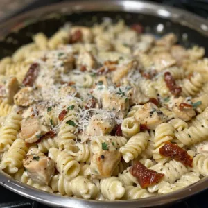 Creamy Tuscan chicken pasta with garlic and sun-dried tomatoes