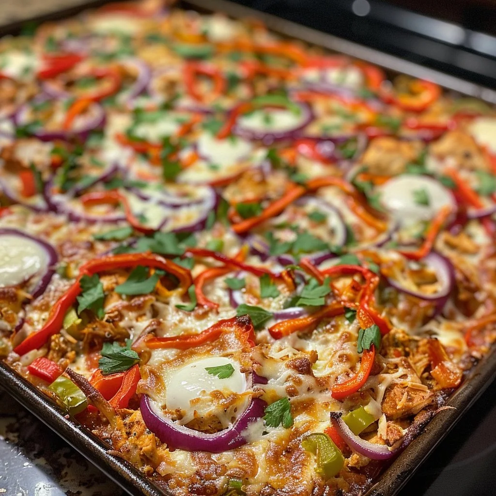 Vegetarian pizza with chicken-crust and colorful veggie toppings