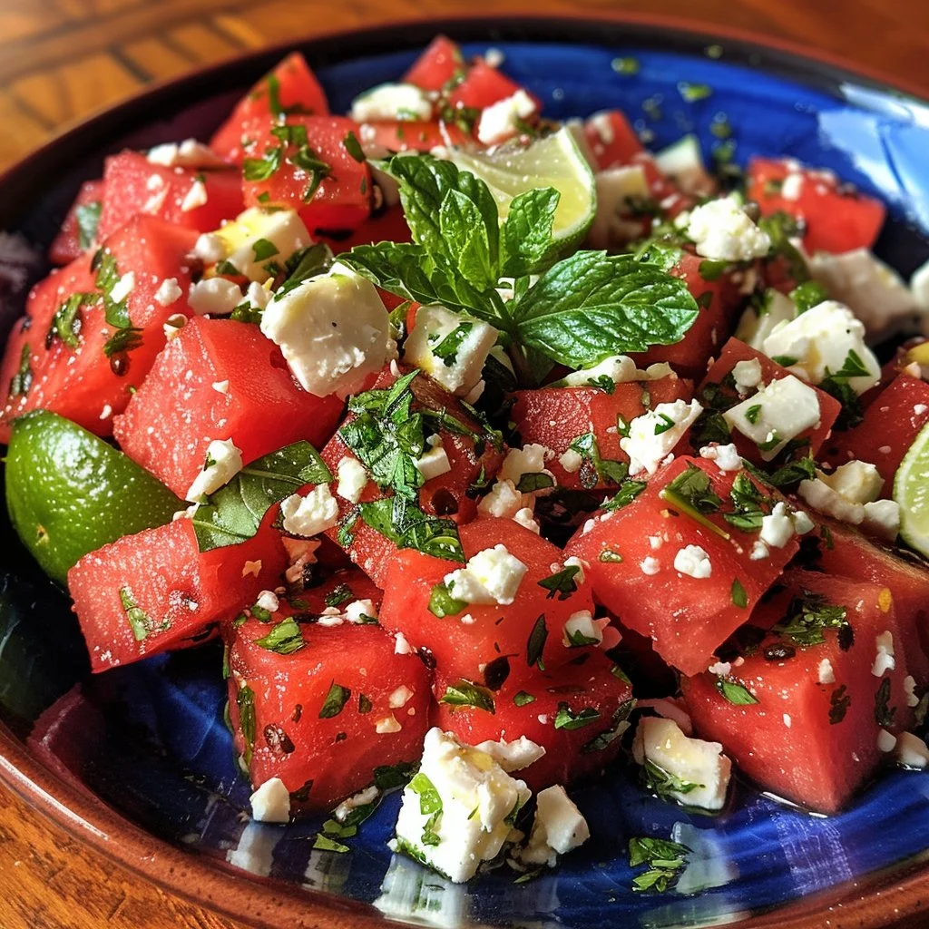 Delicious watermelon feta salad with fresh mint and a drizzle of balsamic dressing