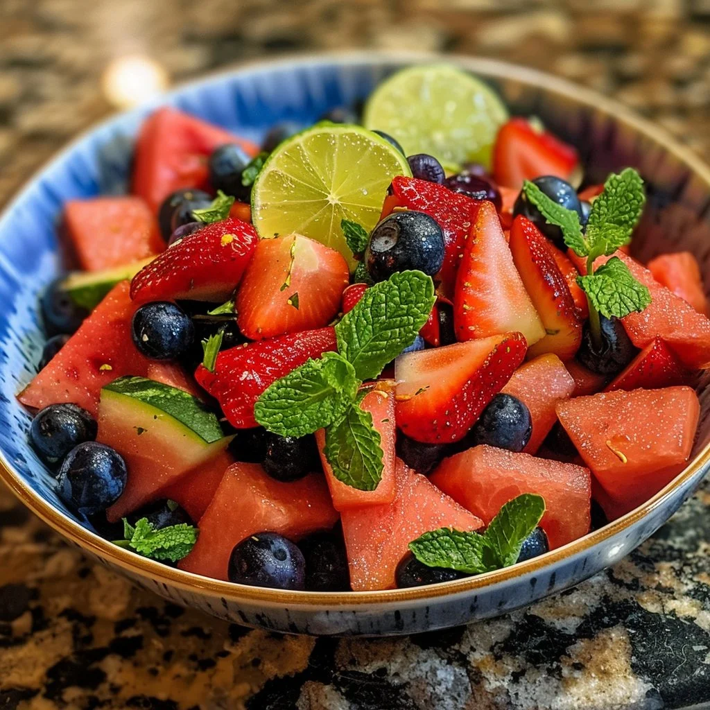 Delicious watermelon salad with fresh fruits and mint leaves.