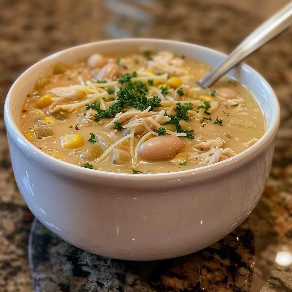 Delicious white chili creamy chicken bean comfort soup in a bowl