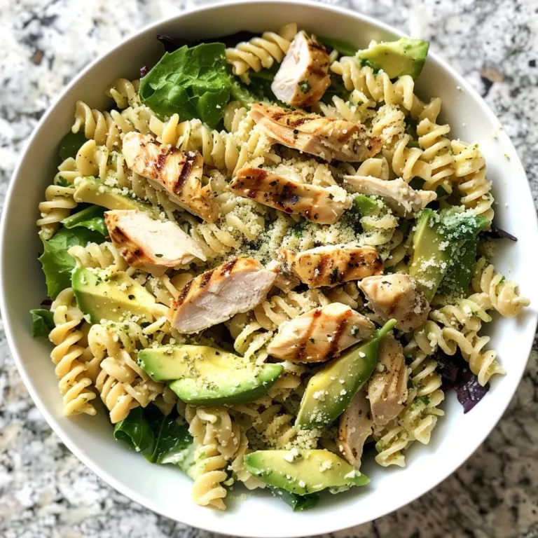Avocado Chicken Caesar Pasta Salad with fresh ingredients in a bowl