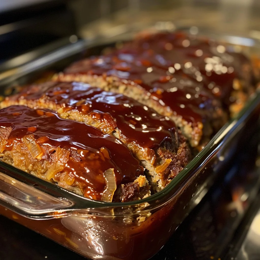 Delicious BBQ meatloaf topped with a savory glaze on a wooden table