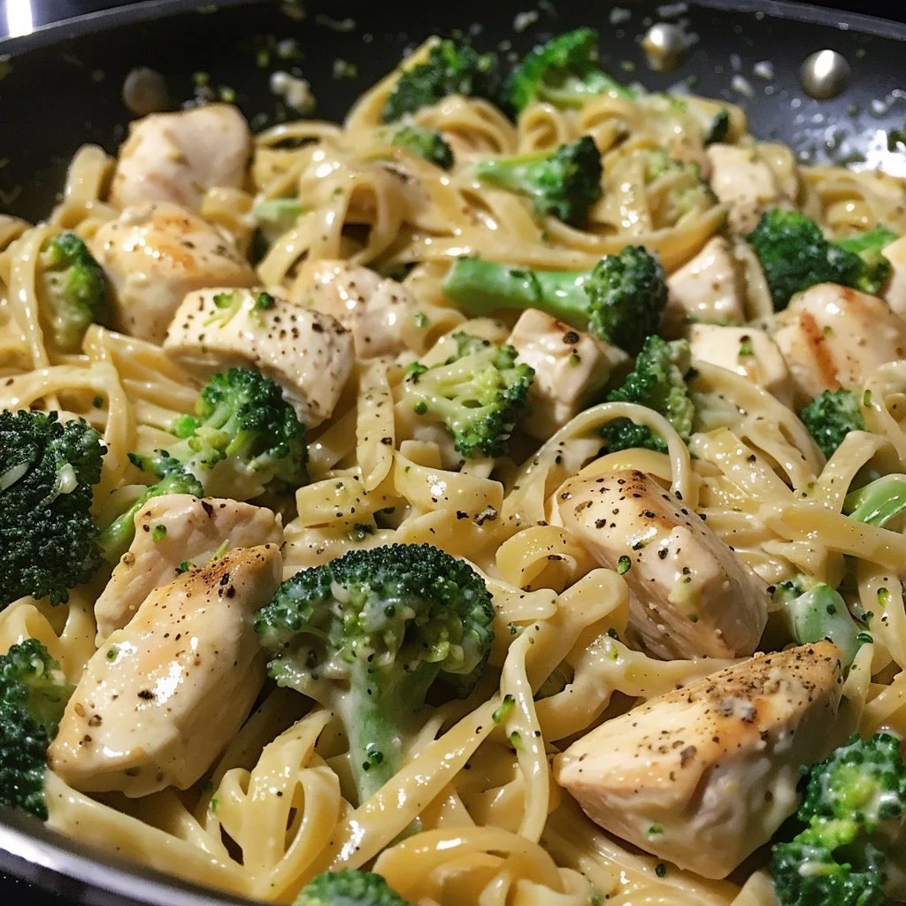 Creamy Broccoli Chicken Alfredo served with fettuccine pasta