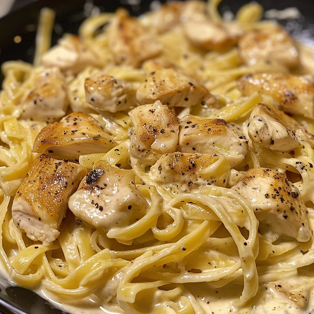 Cajun Chicken Alfredo Pasta garnished with parsley on a white plate