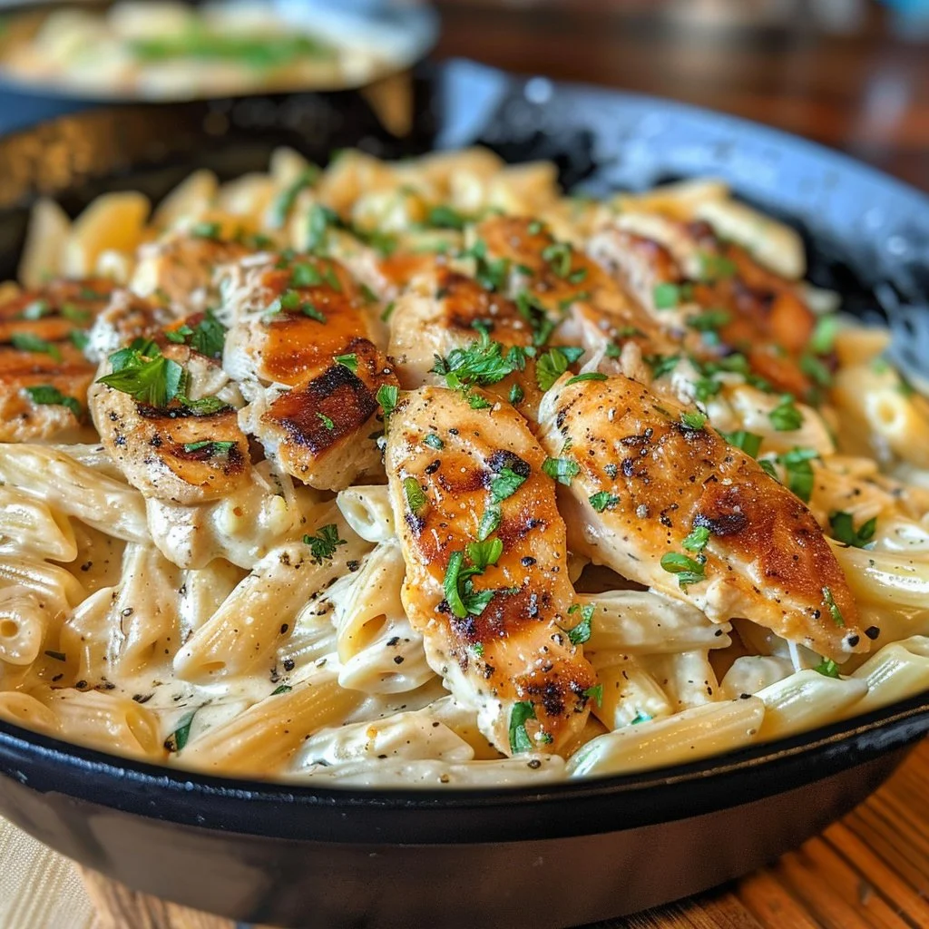 Delicious Cajun Chicken Alfredo served with garnish on a plate