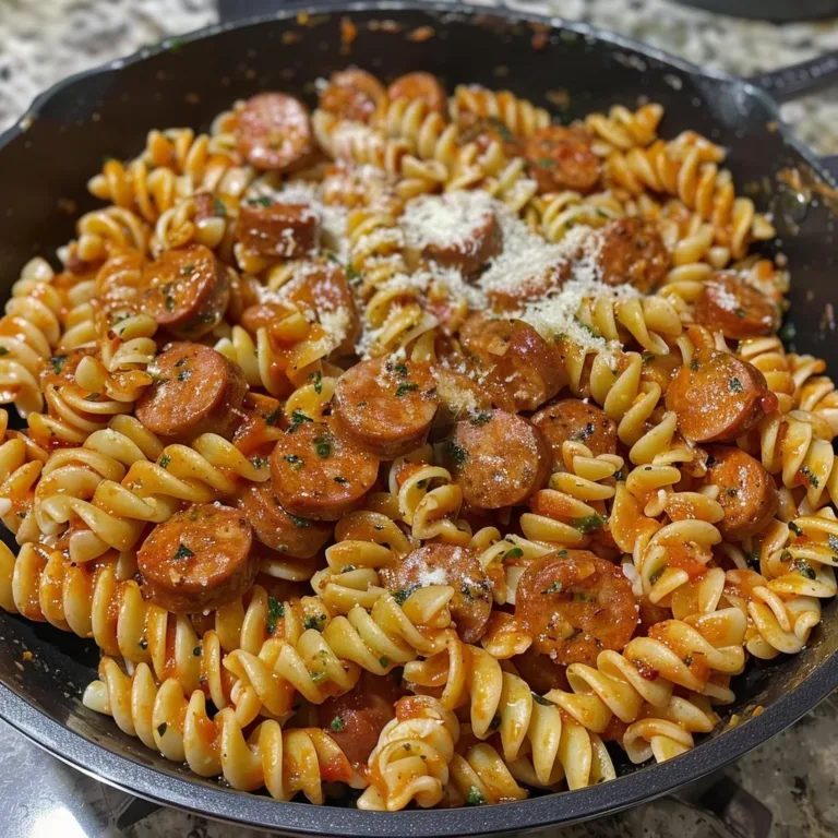 Bowl of Cajun pasta with spicy sausage, peppers, and herbs