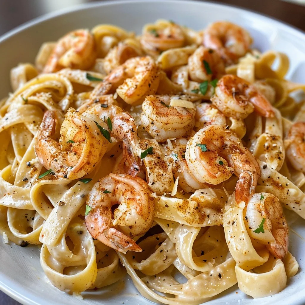 Cajun shrimp pasta dish featuring succulent shrimp and spicy sauce over pasta.