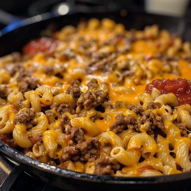Delicious cheeseburger macaroni dish topped with melted cheese