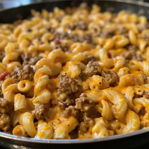Delicious plate of cheeseburger pasta topped with cheese and herbs