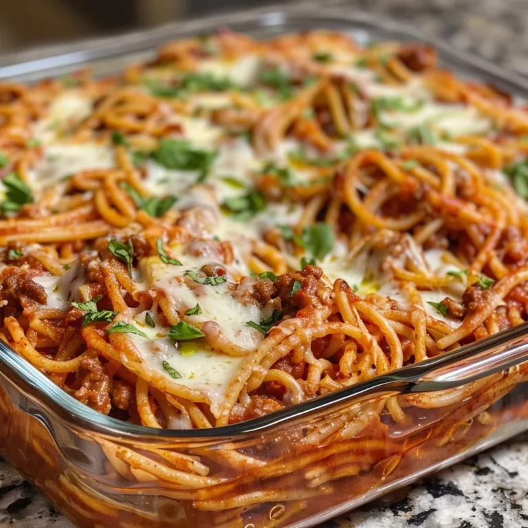Delicious cheesy spaghetti casserole topped with melted cheese and herbs
