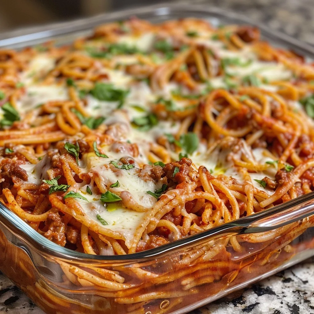 Delicious cheesy spaghetti casserole topped with melted cheese and herbs