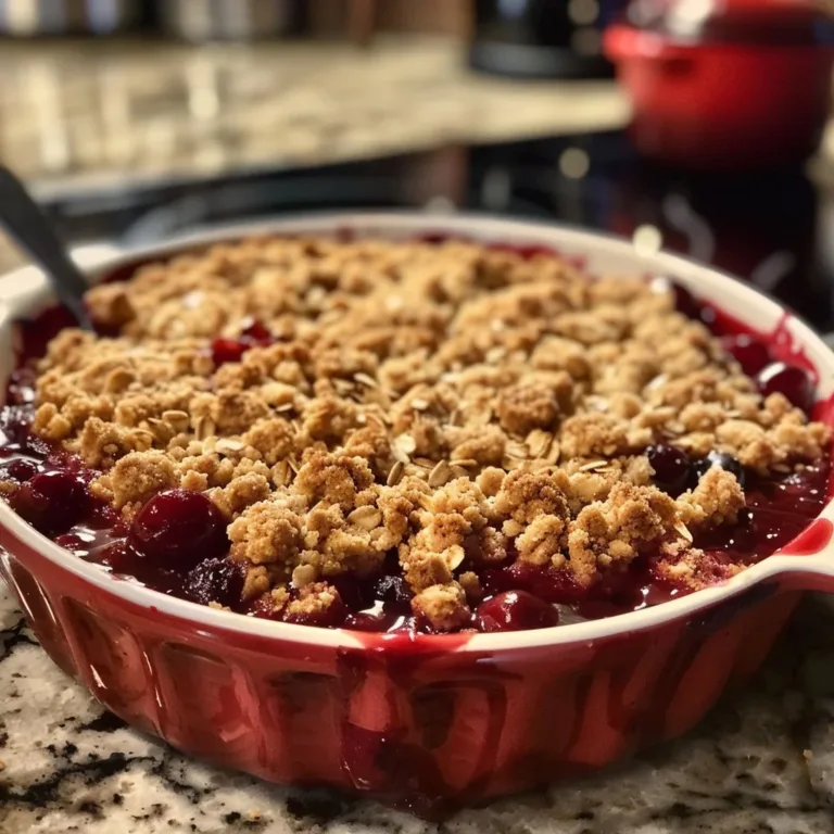 Delicious Cherry Crisp Cobbler served in a baking dish with fresh cherries