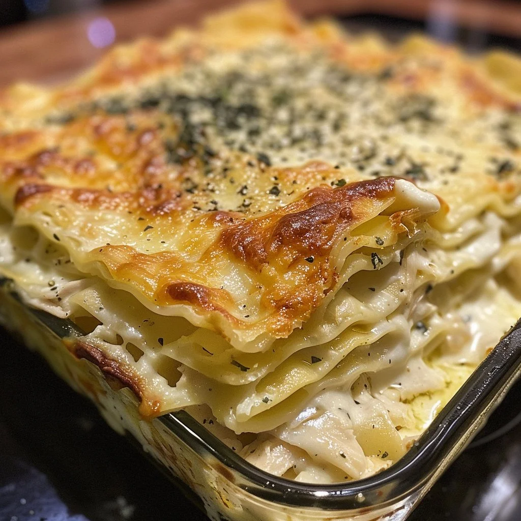 Delicious Chicken Alfredo Lasagna served on a plate with melted cheese