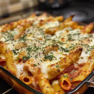 Delicious Chicken Parmesan Pasta served on a plate with fresh herbs