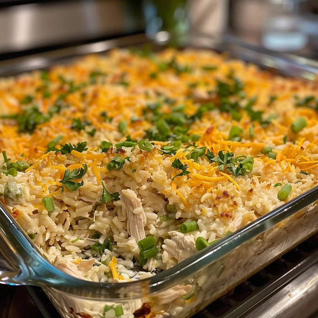 Delicious classic chicken and rice casserole served in a baking dish