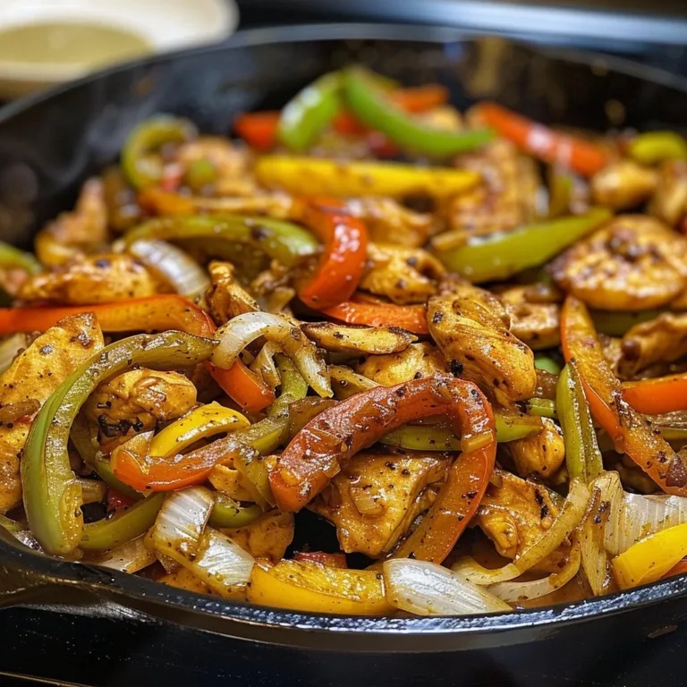 Plate of classic chicken fajitas with grilled chicken and colorful bell peppers