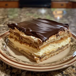Classic Eclair Cake decorated with chocolate glaze and whipped cream