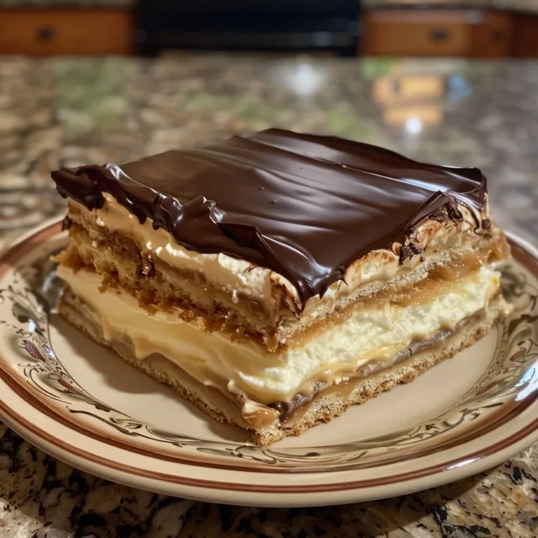 Classic Eclair Cake decorated with chocolate glaze and whipped cream