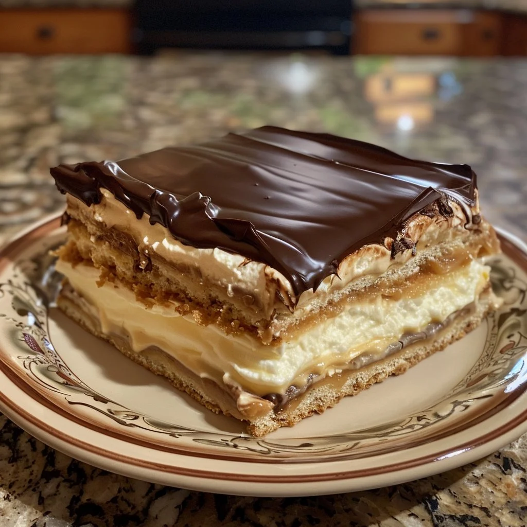Classic Eclair Cake decorated with chocolate glaze and whipped cream