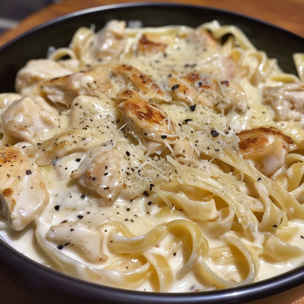 Delicious Cream Cheese Alfredo Chicken served with pasta and herbs.
