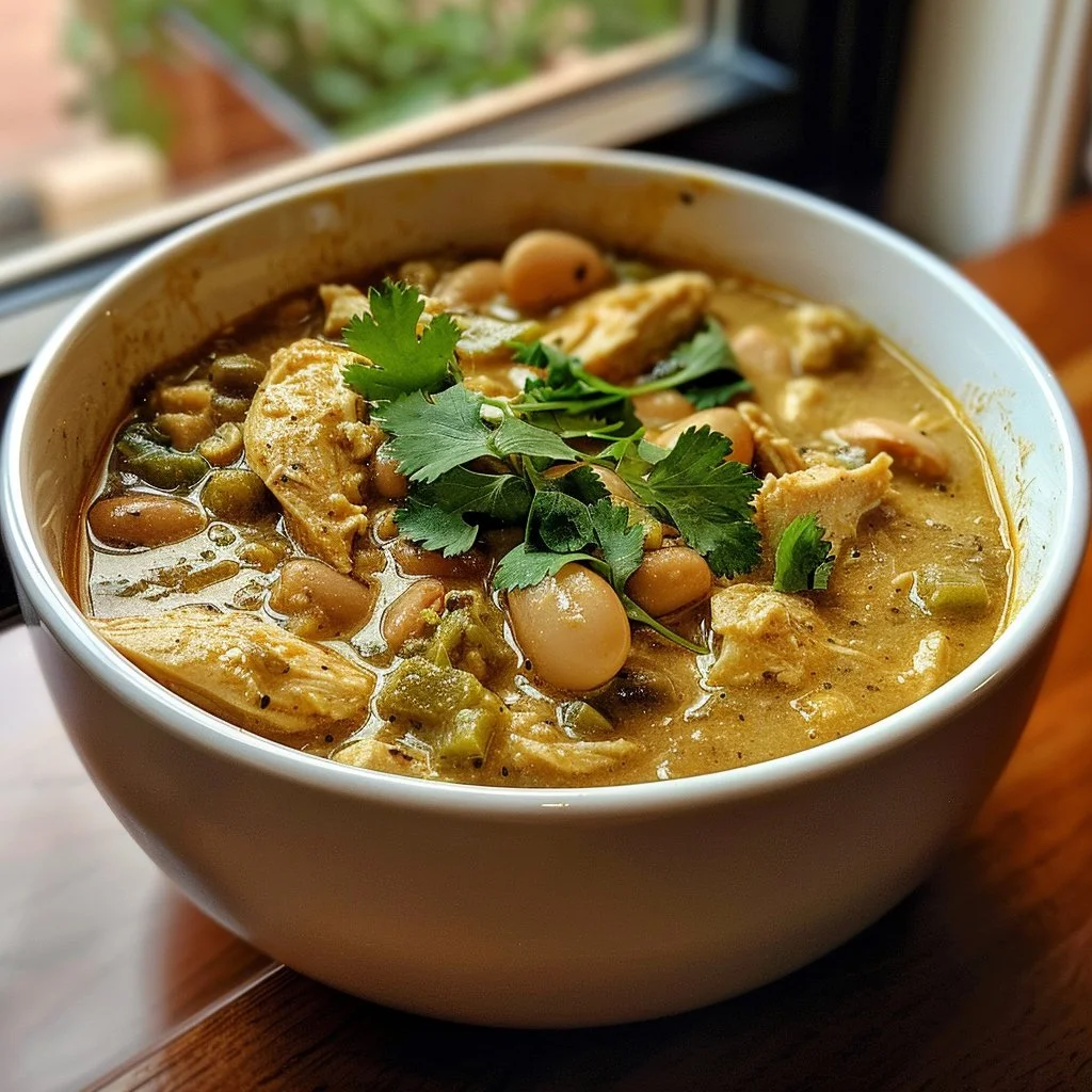 Cream cheese white chicken chili in a bowl, garnished and ready to serve.