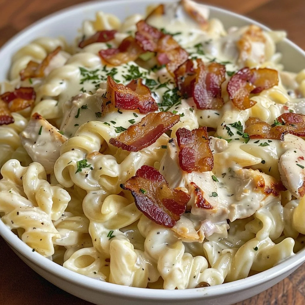 Delicious creamy bacon ranch chicken pasta served in a bowl.