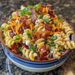Creamy Bacon Ranch Pasta Salad with crispy bacon and fresh vegetables