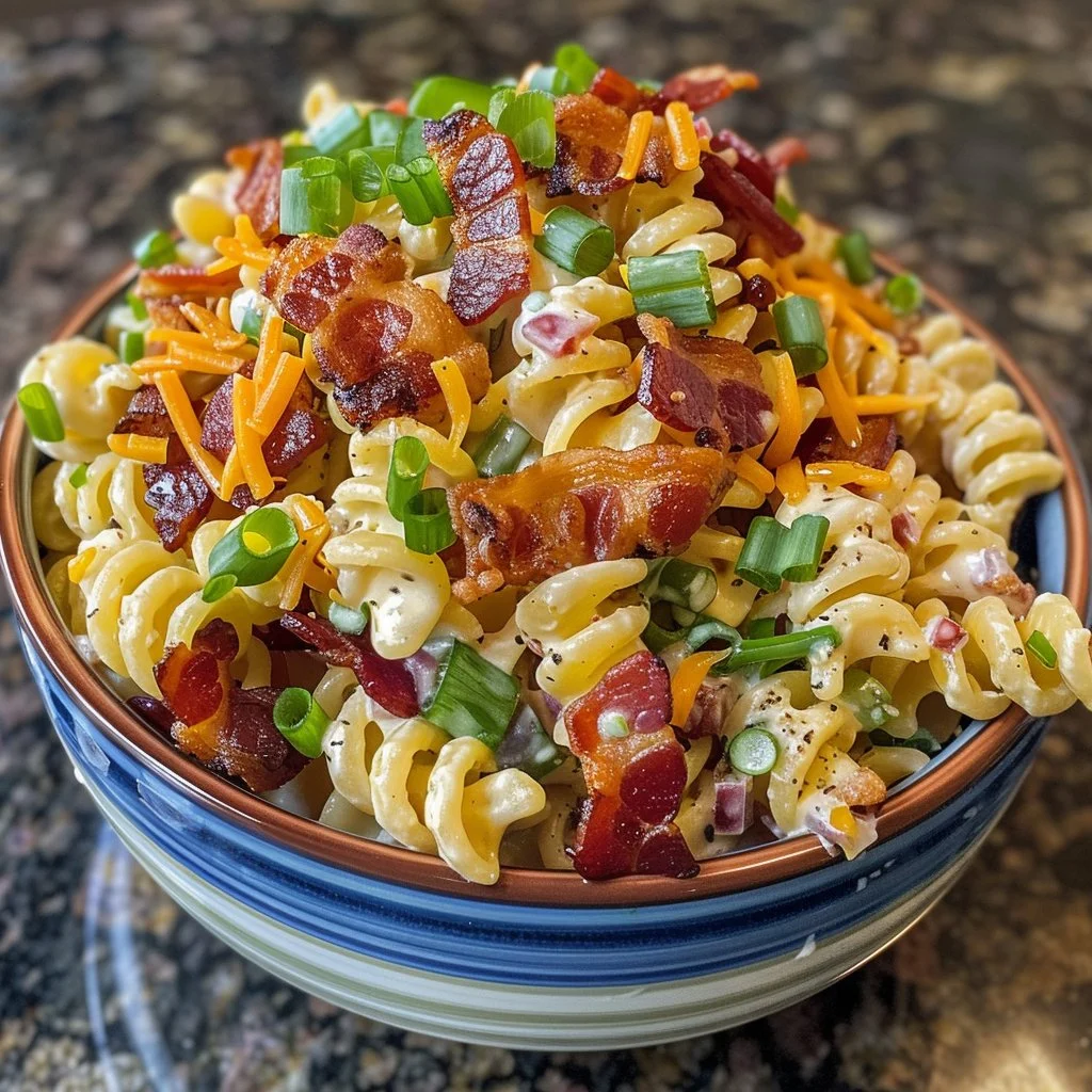 Creamy Bacon Ranch Pasta Salad with crispy bacon and fresh vegetables