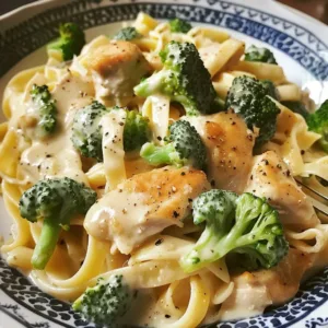 Creamy broccoli chicken alfredo dish served in a bowl