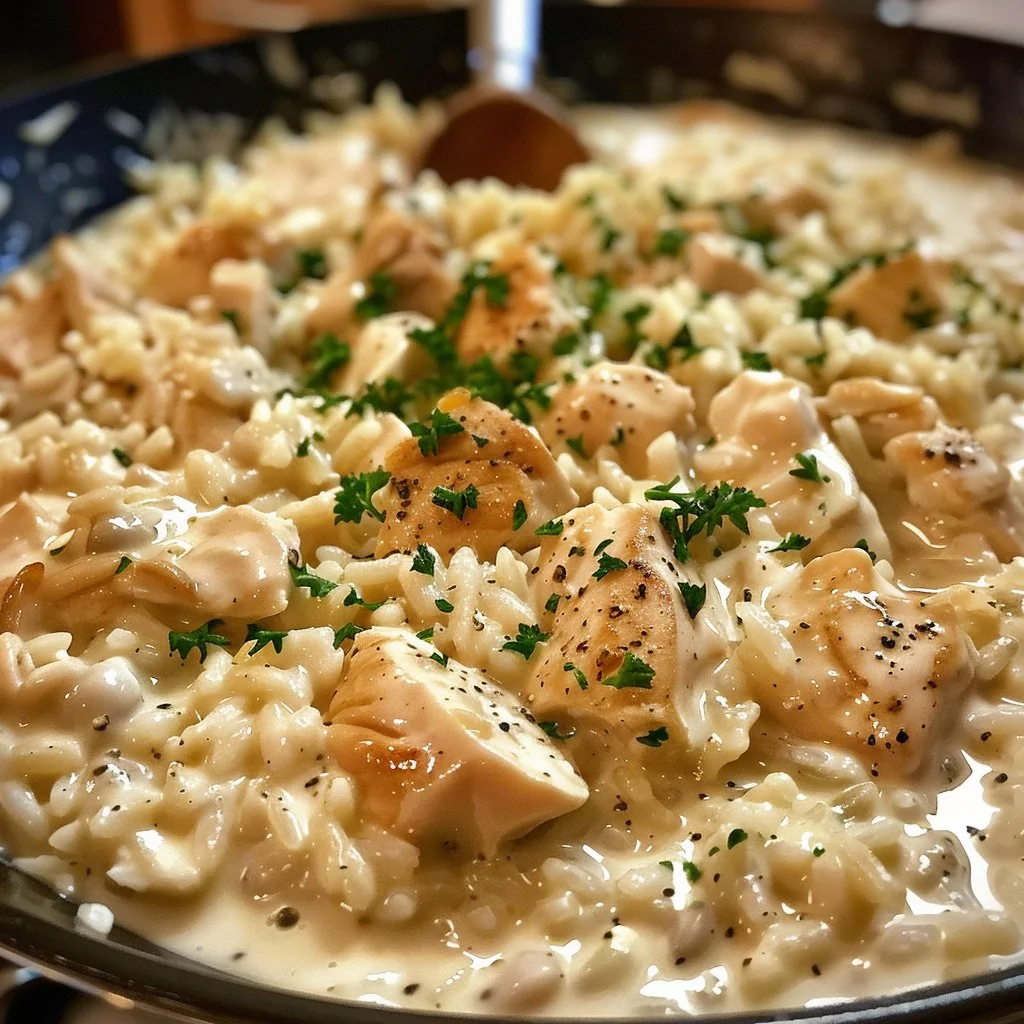 Delicious creamy chicken and rice dish served in a bowl
