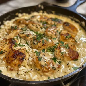 Creamy chicken and rice dish served in a bowl with fresh herbs