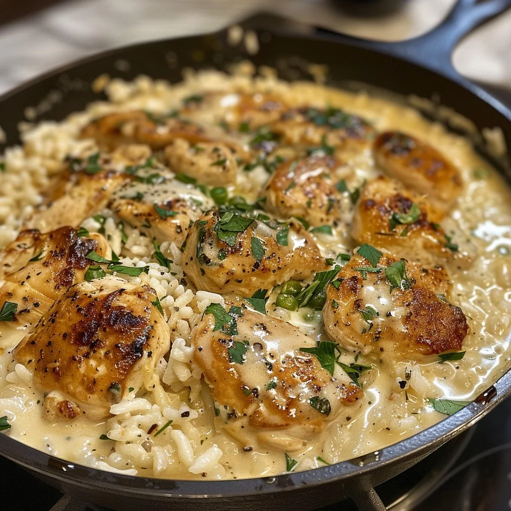 Creamy chicken and rice dish served in a bowl with fresh herbs
