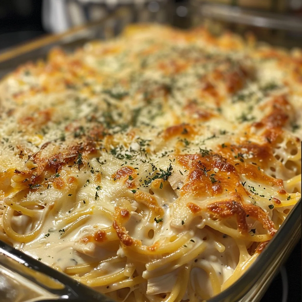 Creamy chicken pasta bake dish with melted cheese and herbs