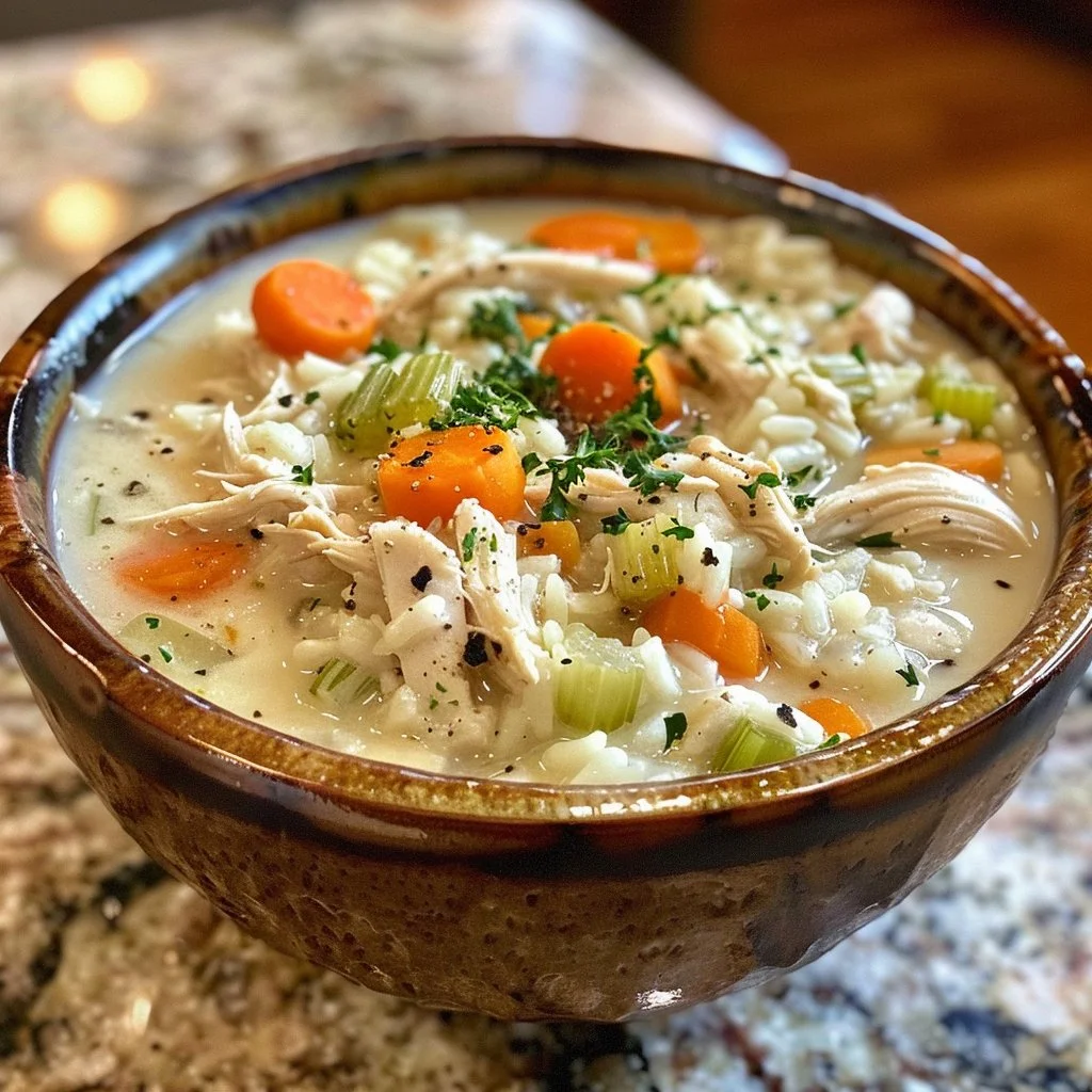 Bowl of creamy chicken rice soup garnished with herbs