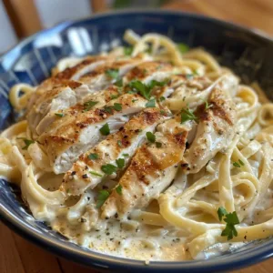 Creamy Garlic Alfredo Chicken served with pasta and herbs