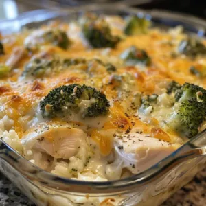 Creamy Ranch Chicken and Broccoli Casserole in a baking dish