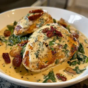 Creamy Tuscan chicken served with spinach and sun-dried tomatoes.