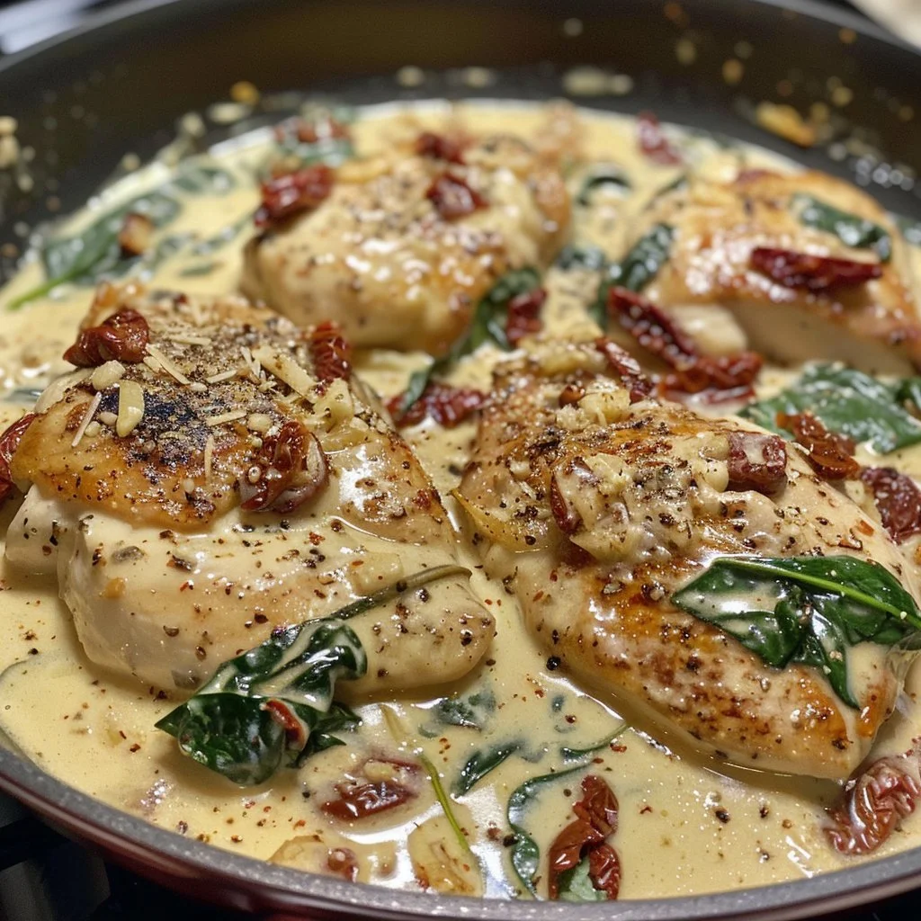 Delicious creamy Tuscan Garlic Chicken served on a plate with herbs