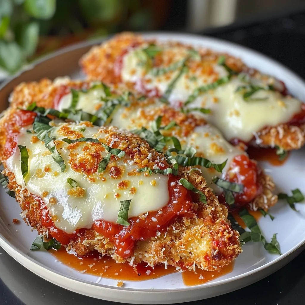 Crispy Air-Fryer Parmesan Chicken served on a plate with herbs