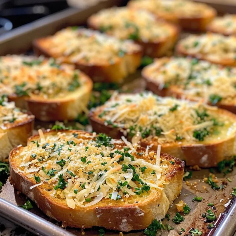 Crispy garlic bread slices served on a plate with herbs
