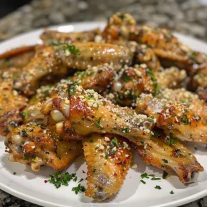 Crispy Garlic-Parmesan Wings on a serving platter garnished with herbs