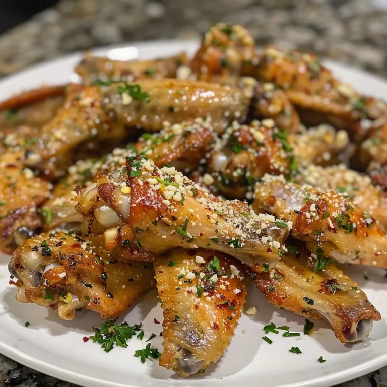 Crispy Garlic-Parmesan Wings on a serving platter garnished with herbs