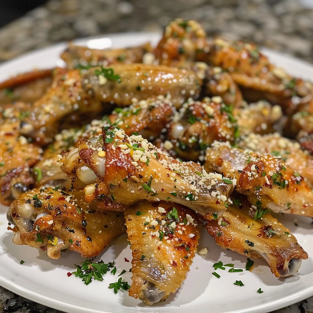 Crispy Garlic-Parmesan Wings on a serving platter garnished with herbs