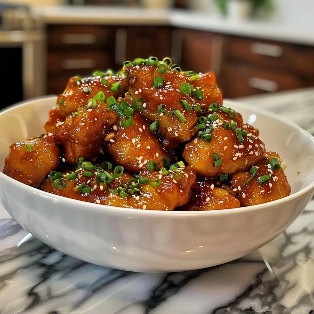Crispy honey garlic chicken garnished with green onions and sesame seeds