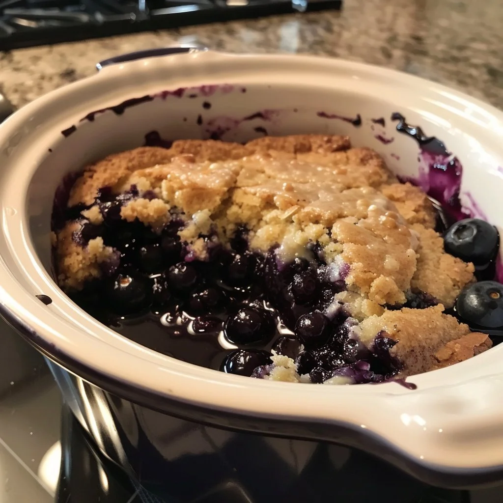 Delicious crockpot blueberry cobbler topped with vanilla ice cream.