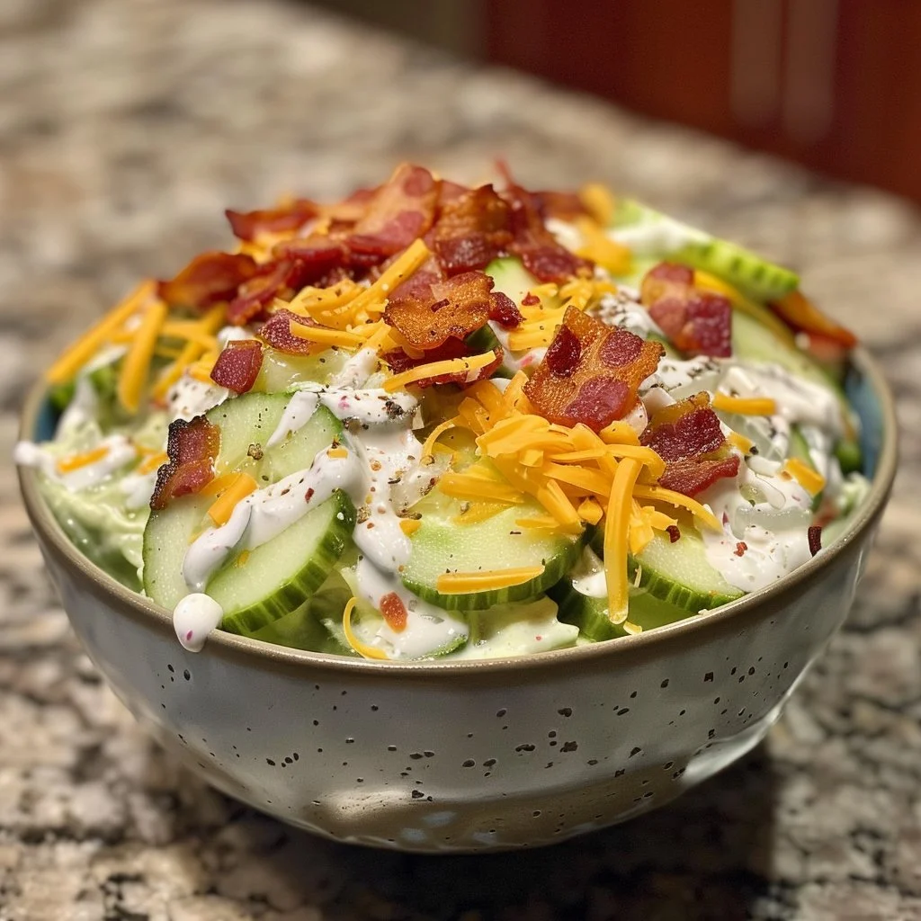 Delicious Cucumber Bacon Ranch Salad with fresh ingredients and creamy dressing