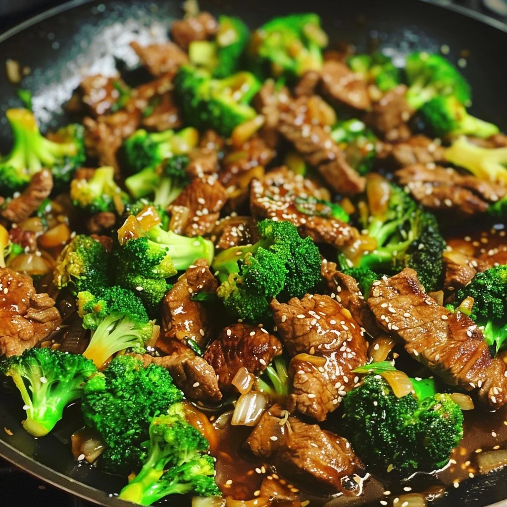 A delicious plate of Garlic Beef and Broccoli served with rice